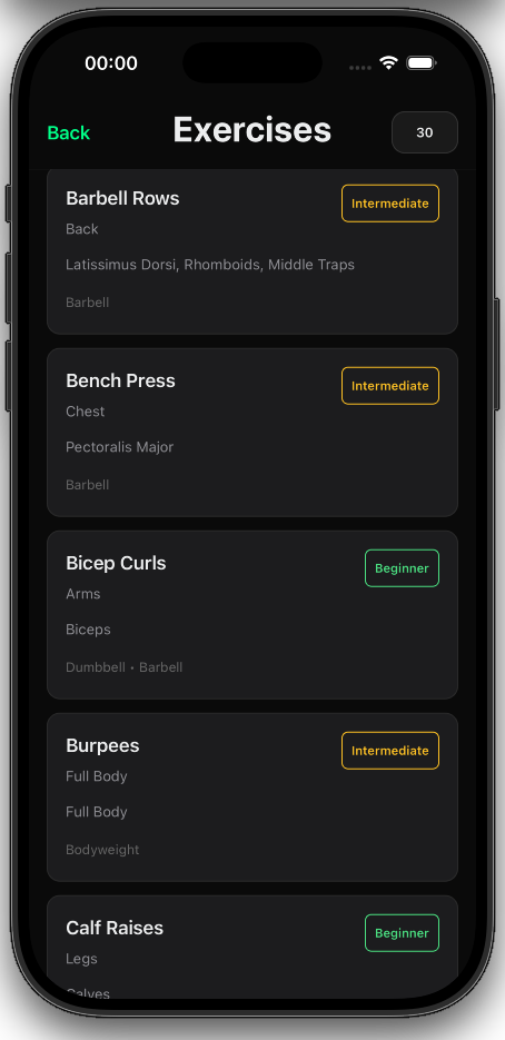 GymNote exercise library - browse 200+ exercises with search and filters