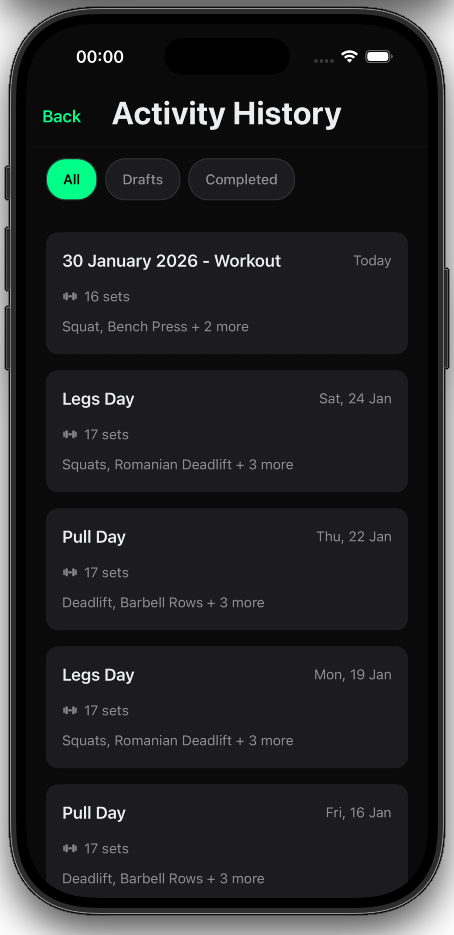GymNote workout history screen - view past workouts and track fitness progress over time