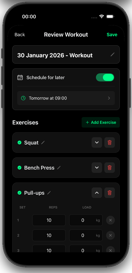 GymNote workout review screen - confirm parsed exercises and edit sets, reps, or weight